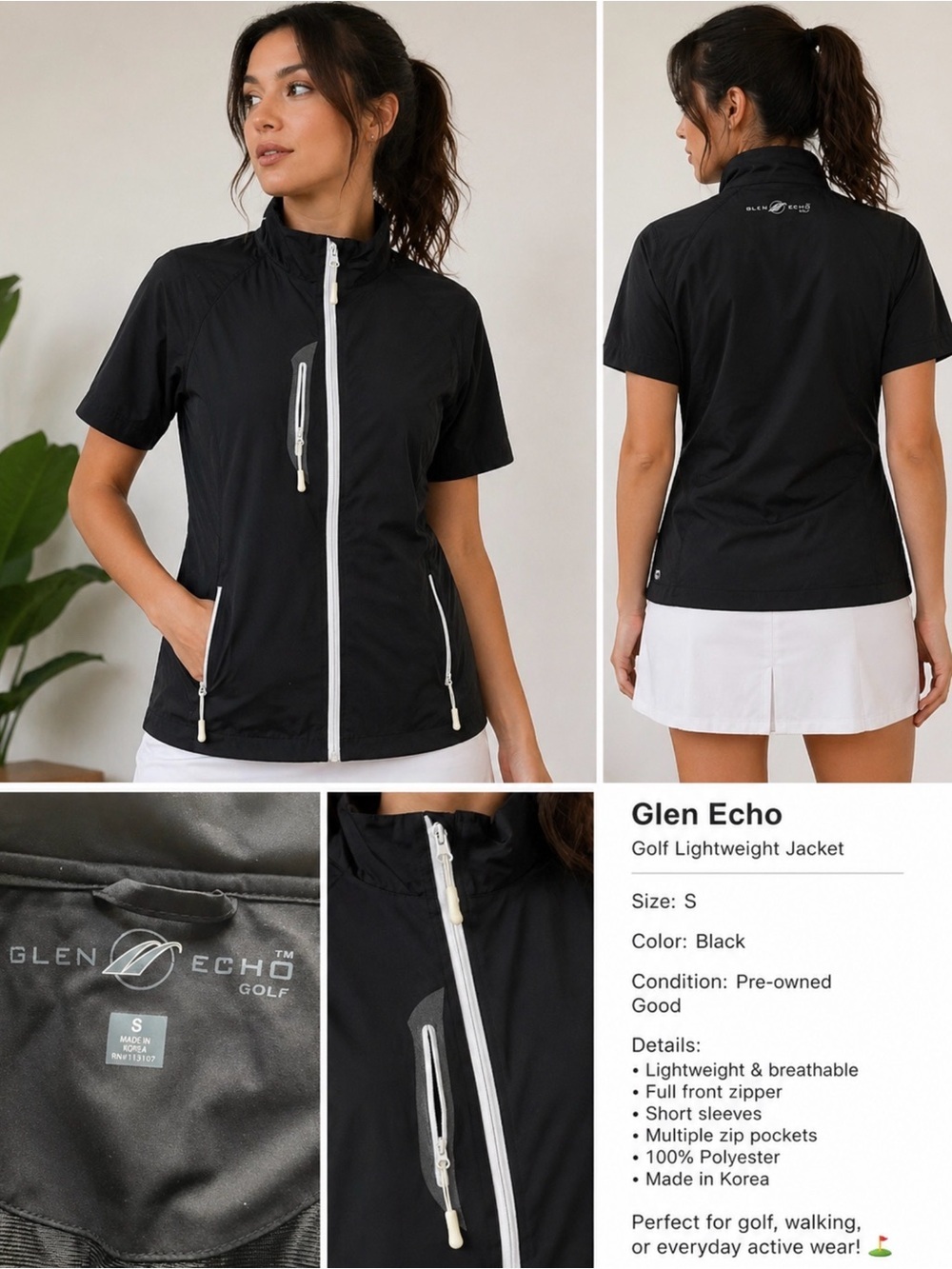 Glen Echo Golf Black Lightweight Jacket Zip Up Short Sleeve Size S